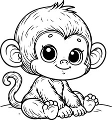 Obraz premium little monkey chimpanzee outline drawing, kids coloring pages