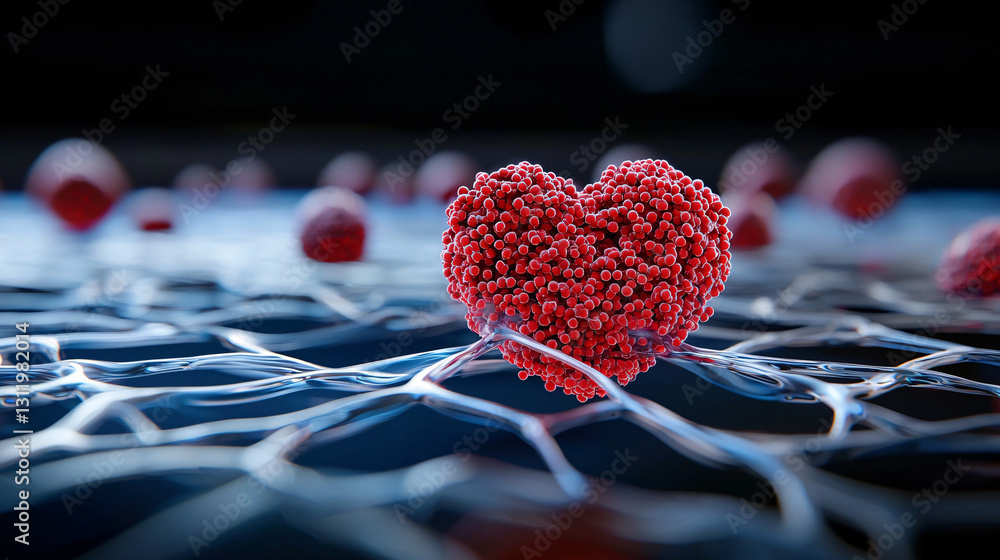 Poster heart disease stroke prevention. red heart on a web-like surface with floating spheres.