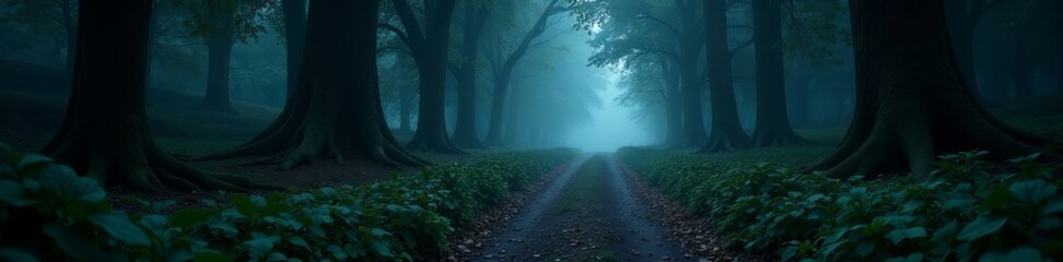 Fototapeta premium Dark and spooky pathway in the woods shrouded in shadows, discover, enchanted