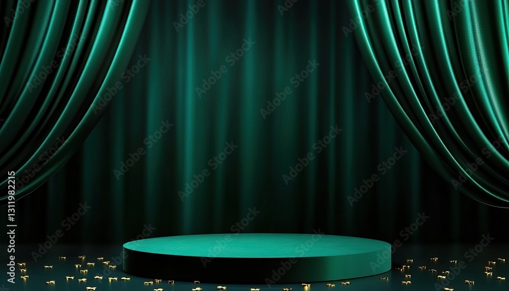Poster a lush green stage with draped curtains and scattered golden confetti, creating an elegant atmospher