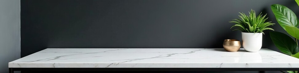 Modern black metal frame with white marble tabletop and simple decor, white, minimal