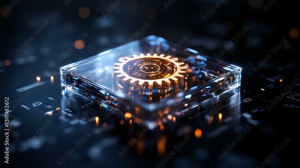 Poster glowing gear mechanism on microchip surface with orange light effects and bokeh. modern technology c