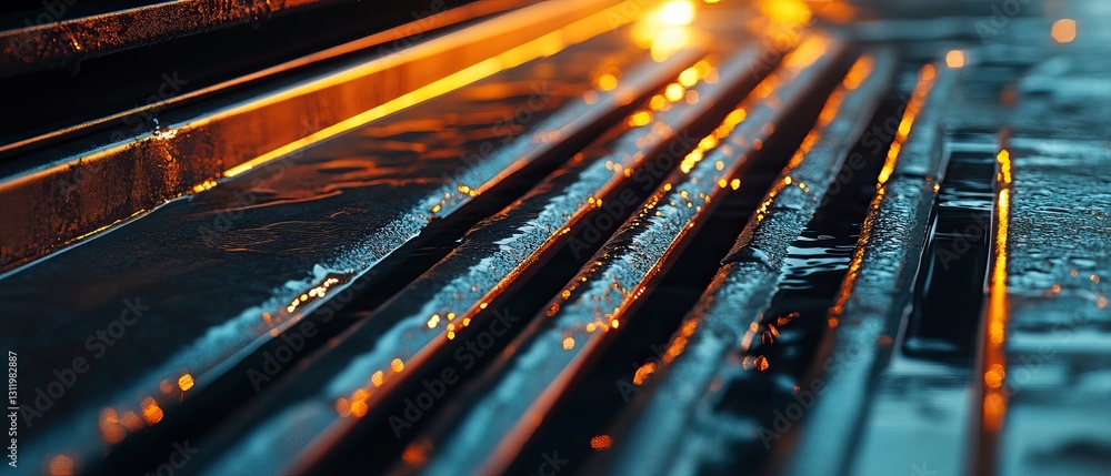 Poster a close-up view of shimmering, wet surfaces reflecting light, showcasing lines and textures in a vib