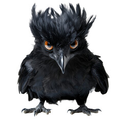 Fototapeta premium A striking black bird with glossy feathers, long hair, and a big, prominent beak on transparent png background. Ai generated