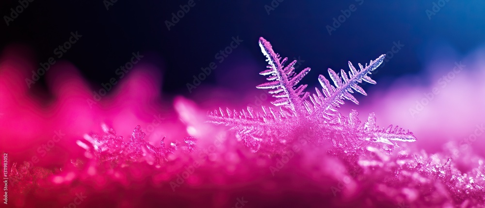Poster a close-up of a delicate snowflake, featuring intricate patterns, set against a backdrop of vibrant 