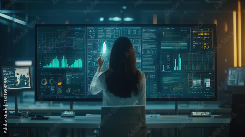 Aufkleber professional in futuristic boardroom interacts with data on large screens, showcasing advanced techn