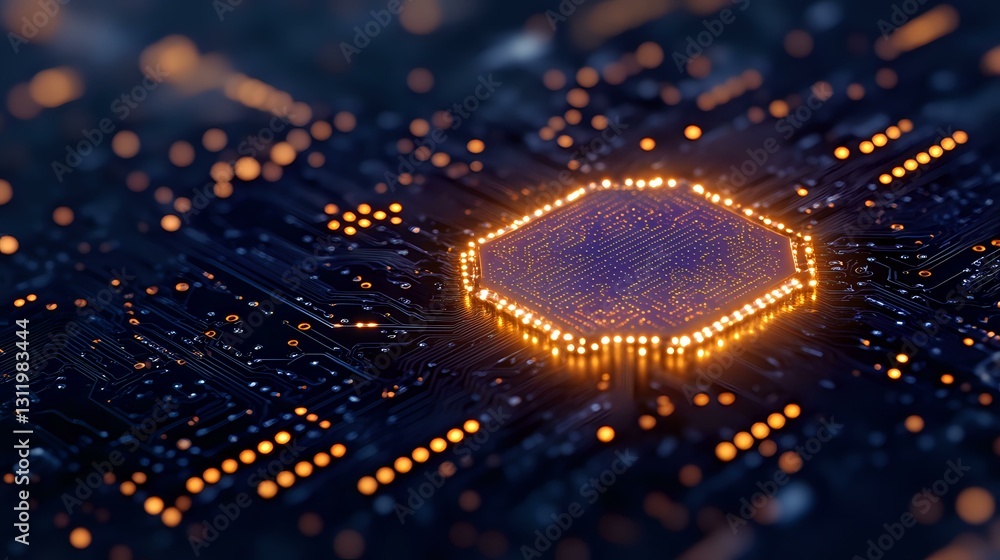 Poster glowing hexagonal processor core with orange light trails on circuit board background, digital techn