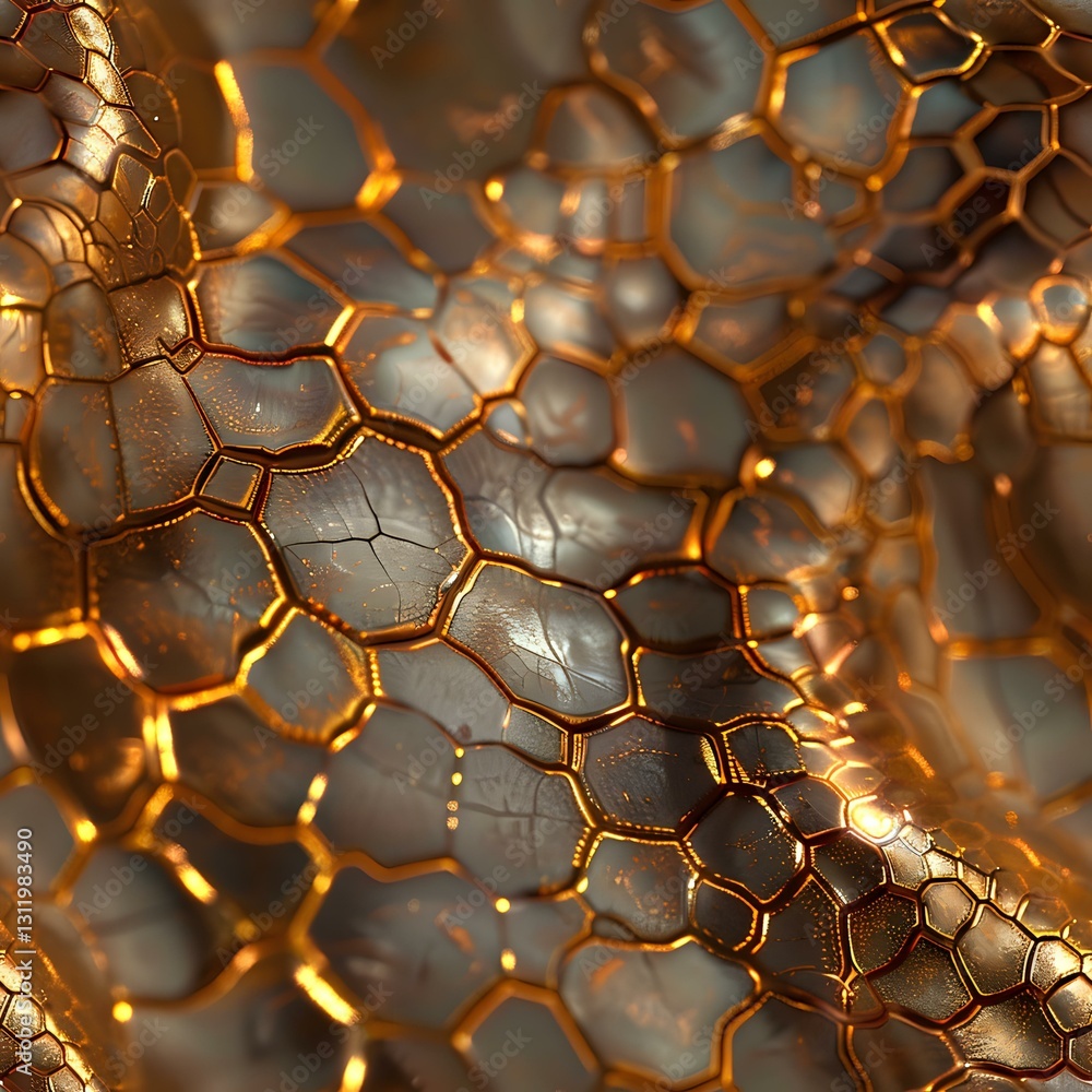Poster glowing golden honeycomb molecular structure with hexagonal mesh pattern creates futuristic scientif