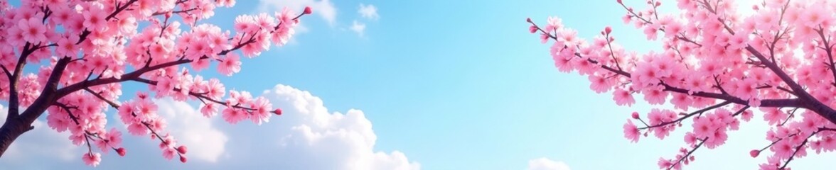 Obraz premium Pink cherry blossom trees border against soft blue sky, spring, pastel