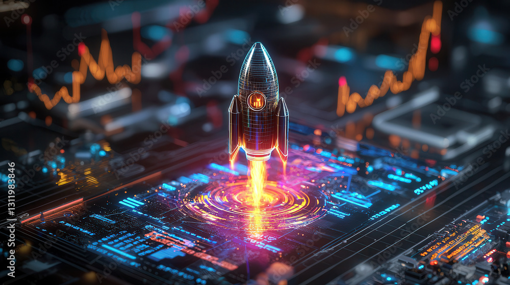Poster futuristic rocket launching from digital interface with glowing circuits and graphs, symbolizing inn