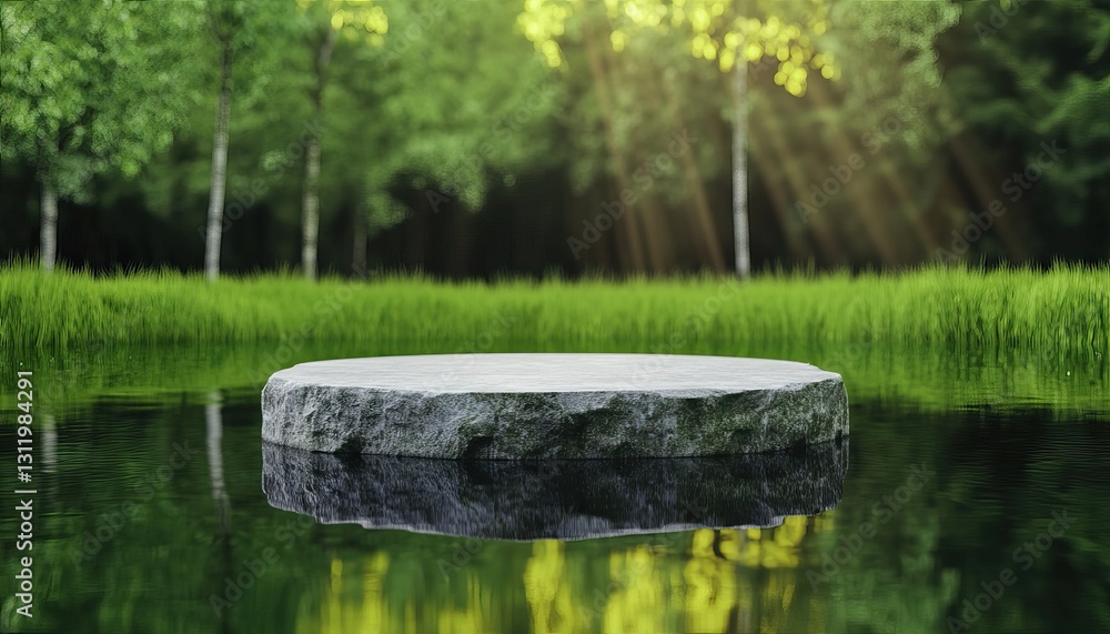 Poster a serene stone platform emerges from calm waters, surrounded by lush greenery and sunlight filtering