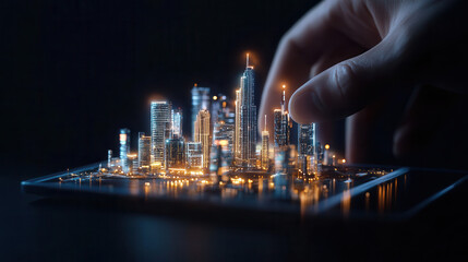 hand interacting with futuristic city model, showcasing advanced architecture and glowing lights, evokes sense of innovation and creativity