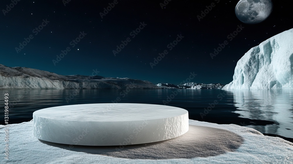 Aufkleber a surreal scene featuring a circular ice structure on a frozen landscape, illuminated by a distant m