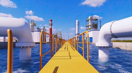 A vibrant industrial scene featuring a yellow walkway over water, surrounded by large pipes and structures, showcasing energy infrastructure.