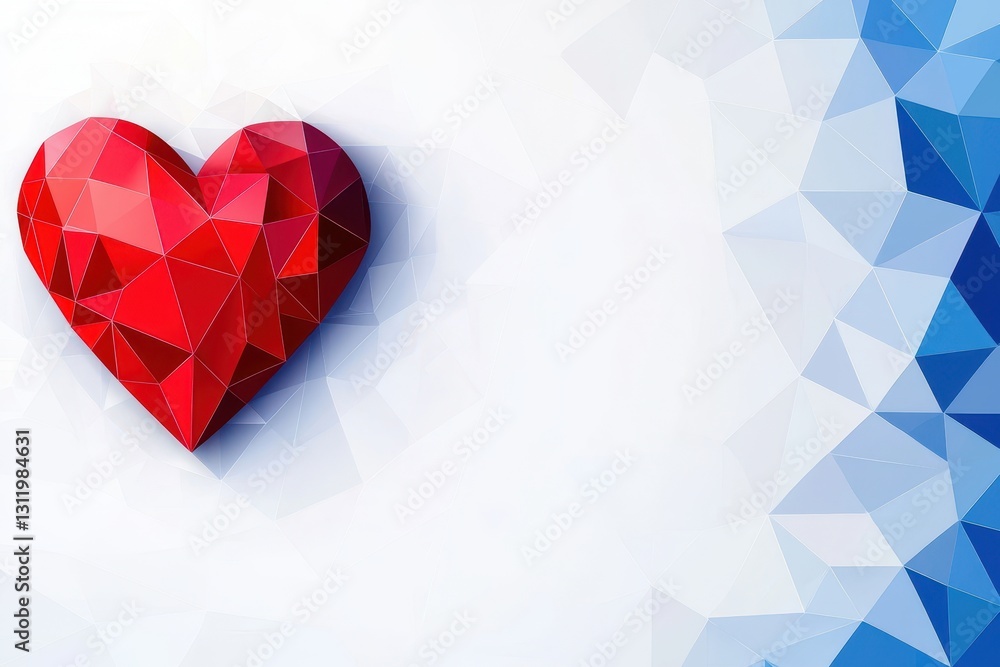 Poster world health day wellness and innovation. red geometric heart on a light background with blue triang