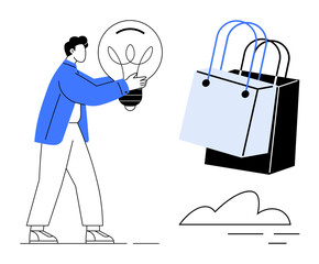 Person carrying lightbulb towards floating shopping bag. Ideal for innovation, creativity, e-commerce, retail strategy, business ideas, marketing concepts, shopping trends. Abstract line flat