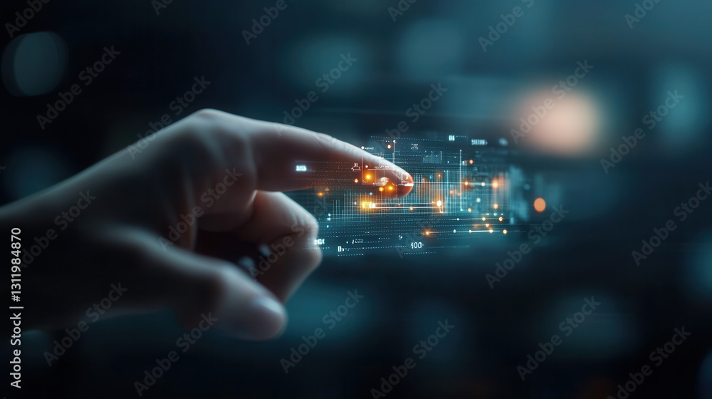 Poster hand interacting with digital interface displaying profit and loss data, showcasing technology and i