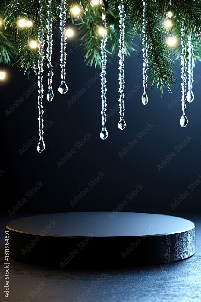 Poster a dark setting featuring a circular platform adorned with sparkling droplets and illuminated by soft