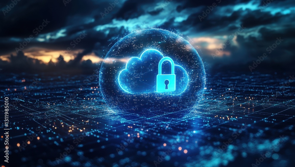 Poster blue cloud with lock symbol enclosed in a protective sphere representing secure data storage and clo