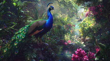 Obraz premium A peacock displaying its vibrant feathers in full bloom, standing proudly in a lush garden