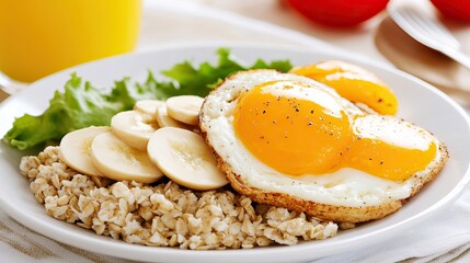 A fresh breakfast plate featuring oatmeal topped with two fried eggs, banana slices, and a side of lettuce.