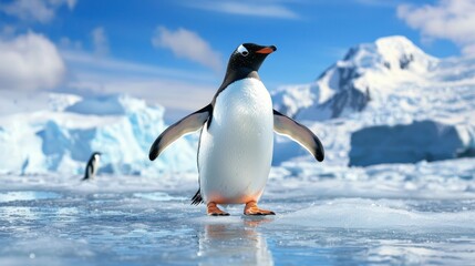 A penguin waddling across the ice in Antarctica, with a vast, icy landscape behind it