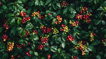 Fototapeta premium Lush coffee plant adorned with ripening berries showing rich color
