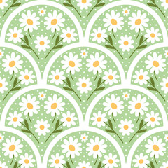 Chamomile floral arch seamless pattern. Scallop half circle geometrical botanical ornament. Art nouveau stylized hand drawn small white daisies and leaves on pastel green background. Dotted repeat all