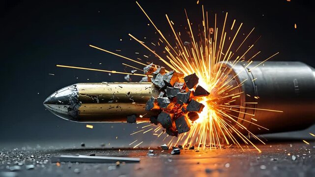 A bullet colliding with a metallic object, causing sparks and high-speed fragmentation
