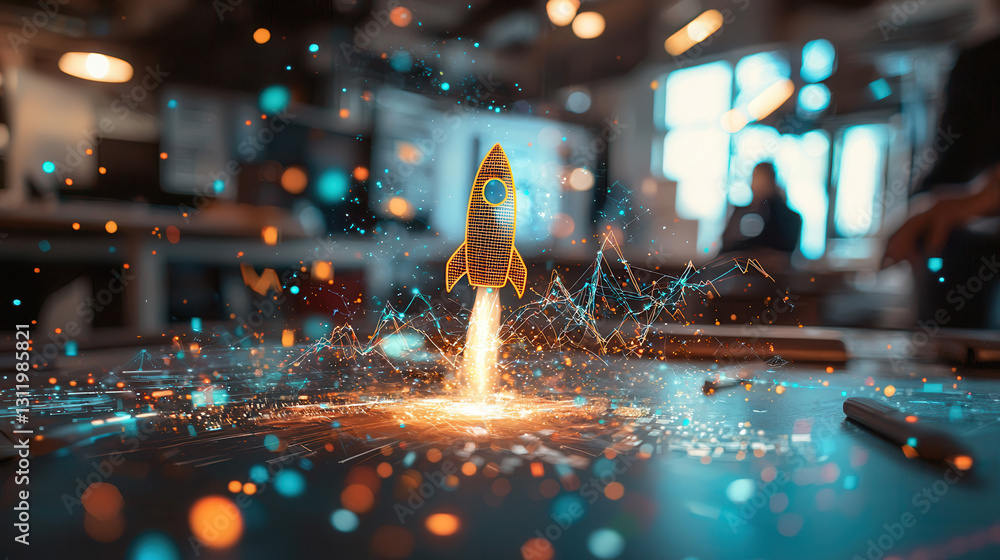 Aufkleber modern business setting featuring holographic rocket launch, symbolizing innovation and growth. vibr