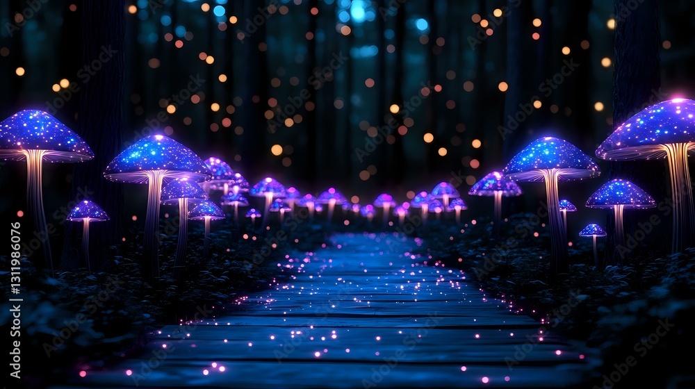 Poster magical glowing mushrooms in dark forest with illuminated path and bokeh lights creating enchanted n