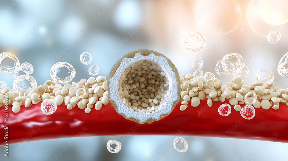 Poster heart disease stroke prevention. cellular structure with bubbles and particles in a red background