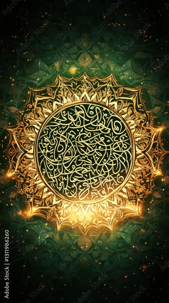 Poster golden abstract circle pattern design on a dark green background with starry effect