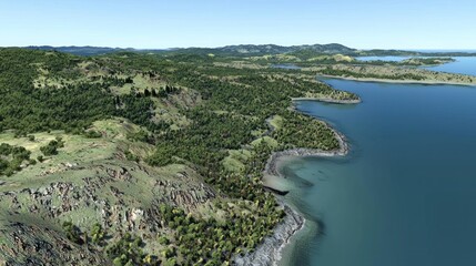 Obraz premium Coastal Landscape, Aerial View, Hills Meet Sea, Sunny Day