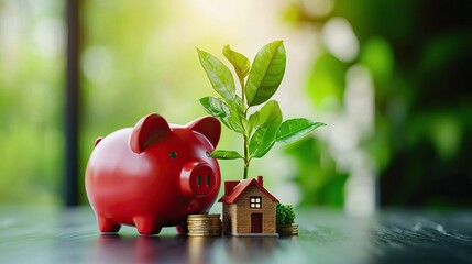A red piggy bank next to a miniature house and a small plant symbolizes saving and investing in home and growth.