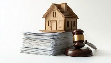 Legal Dispute Over Property Ownership Shown with Wooden House Model and Gavel