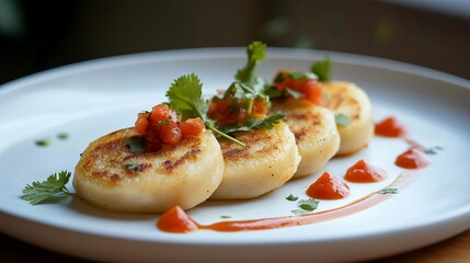Minimalist pupusa plated with geometric precision, garnished with a single cilantro leaf and a perfectly round droplet of salsa