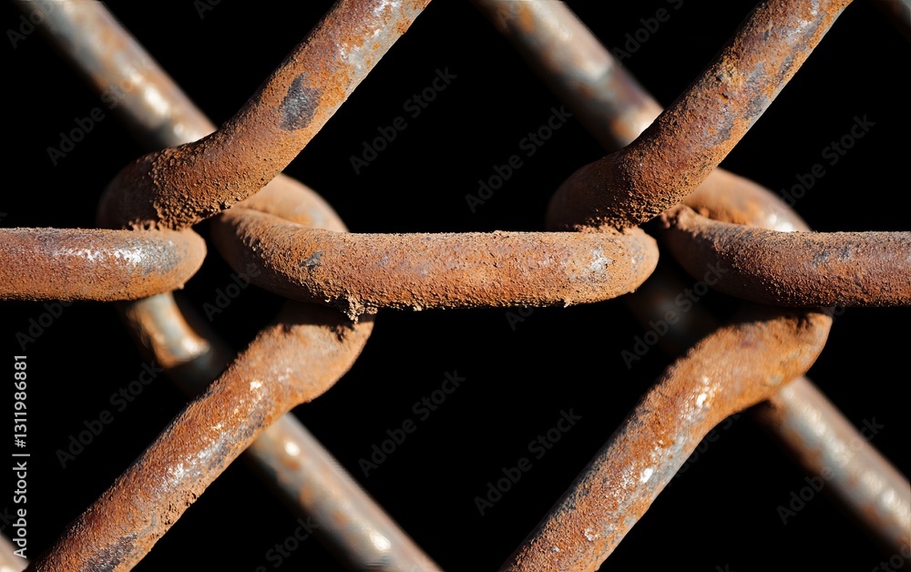 Poster a close-up view of a rusty chain-link fence, highlighting its textured surface and weathered metal l