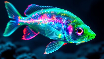 Fototapeta premium Colorful Neon Fish Swimming with Digital Art Style and Glowing Design