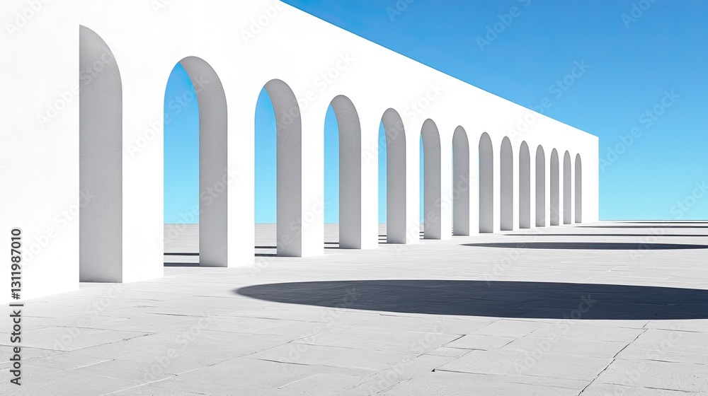 Poster a minimalist architectural structure featuring multiple white arches against a clear blue sky, creat