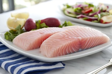 Salmon on Plate: Two fresh salmon fillets are artfully presented on a plate alongside fresh salad, lemons, and grapes, creating a visually appealing and appetizing scene.