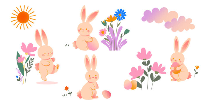 set of easter bunnies isolated on white background. Bundle of cute lovely bunnies. Childish flat cartoon vector easter inspired.