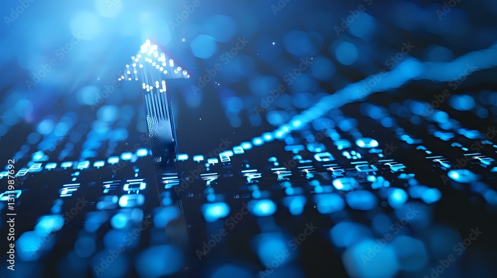 Poster glowing blue digital technology pattern with circuit board elements and bokeh light effects in dark 