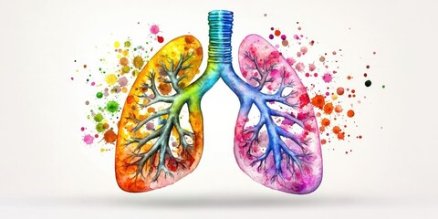 Naklejka premium World Health Day wellness and innovation. Vibrant watercolor lungs with splashes of color symbolizing health and vitality.