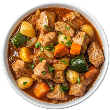 Beuschel (Veal Stew with Vegetables) in a Hearty Serving, Top-Down View, Isolated on White Background