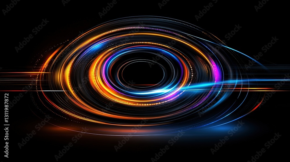Poster abstract colorful light trails creating dynamic circular motion on dark background