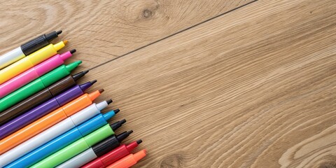Fototapeta premium High-Angle View of Dry Erase Markers on Wooden Texture Flat Lay - Low Light Photography, Organic Aesthetic for Creative Copy Space Design