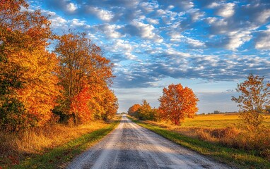 Naklejka premium A quiet rural road with vibrant autumn foliage lining the way, under a blue sky filled with soft clouds