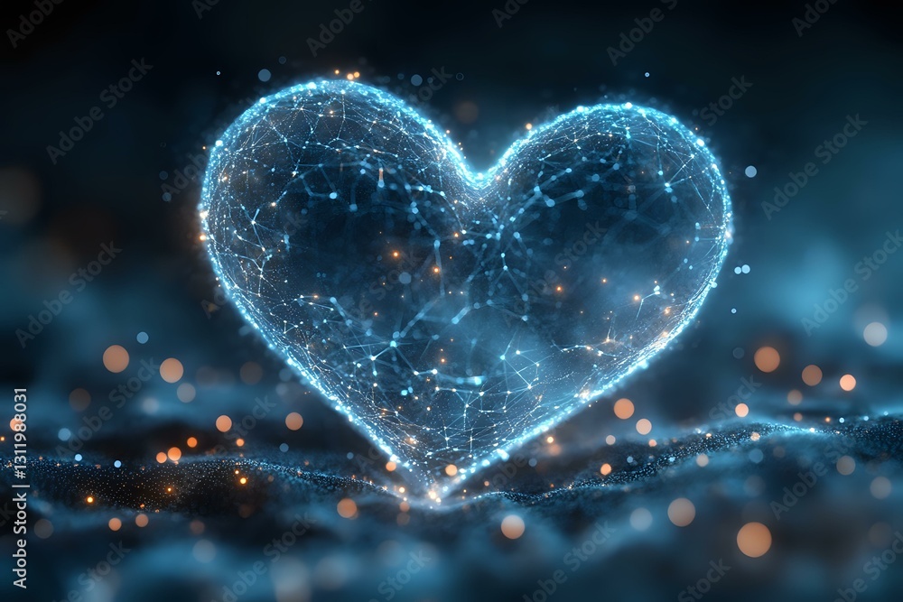 Aufkleber glowing blue heart shape formed by connected light dots and lines against dark background with bokeh