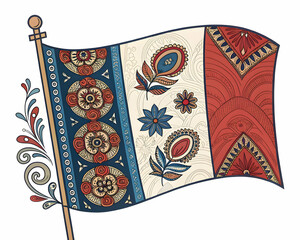 Colorful decorative flag featuring intricate floral patterns and designs in vibrant colors, showcasing artistic craftsmanship and cultural significance